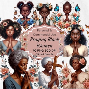 Czarna dziewczyna modląca się Clipart do sublimacji i rzemiosła, Modlące się czarne kobiety, Dojrzałe czarne kobiety, Modląca się kobieta afro, Chrześcijańska czarna dziewczyna