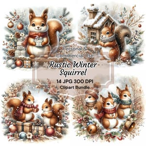 Clipart Noël écureuils, forêt enneigée en hiver, décoration de Noël rustique, aquarelle de forêt, fabrication de cartes de Noël, créations en papier, images JPG
