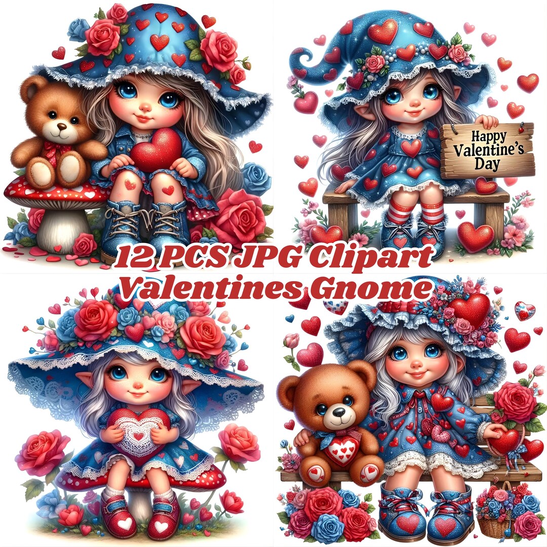 Valentines Gnome Clipart JPG Bundle, Cute Valentine Gnomes JPG ...