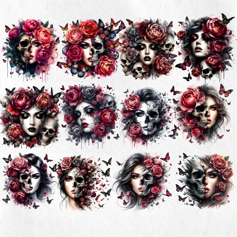 May include: A collection of twelve digital art pieces featuring a skull combined with a woman's face, adorned with red roses and butterflies. The artwork has a dark, gothic theme with a watercolor effect.