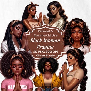 Black Girl Praying Clipart: African American Woman PNG, Women of Faith Digital Download
