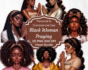 Black Girl Praying Clipart: African American Woman PNG, Women of Faith Digital Download