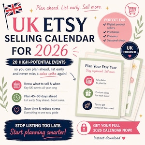 Puede incluir: Gráfico promocional para un calendario de ventas de Etsy en el Reino Unido para 2026. El diseño presenta la bandera del Reino Unido, texto e iconos. El calendario promete ayudar a los vendedores a planificar con anticipación y aumentar las ventas.