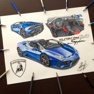 Dibujo Lamborghini Huracan EVO, Dibujo Lamborghini, Arte del coche, Dibujo a mano, Arte digital, Retrato de coche, Dibujo de coche, Dibujo de Huracan