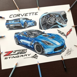 Drawing Corvette Stingray Z06, Chevrolet Corvette, Drawing Chevrolet, Car drawing, Car Art, Hand Drawing, Blue Corvette, Digital Drawing