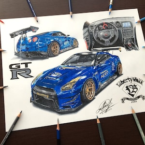 Drawing Nissan GTR, GTR Liberty Walk, drawing Nissan, GTR r35, Car Art, Hand drawing, Digital Art, Car Portrait, Original Car Drawing