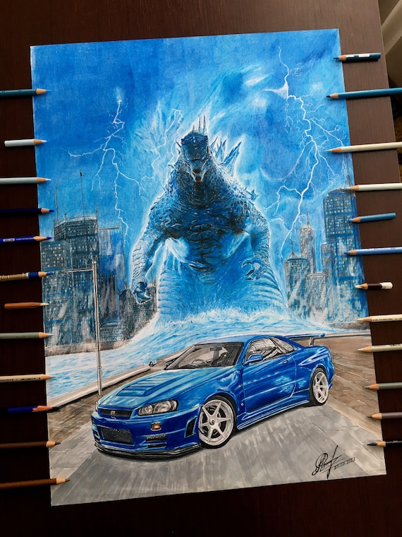 Godzilla and Nissan Skyline GT-R R34 Drawing, Car Movie Poster