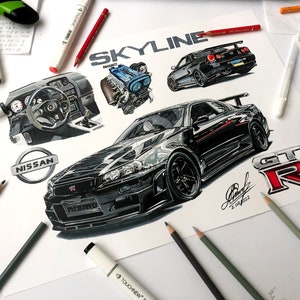 May include: A black and white drawing of a Nissan Skyline GT-R, with the words "SKYLINE" and "GT-R" in red and white. The drawing includes details of the car's interior, engine, and exterior.