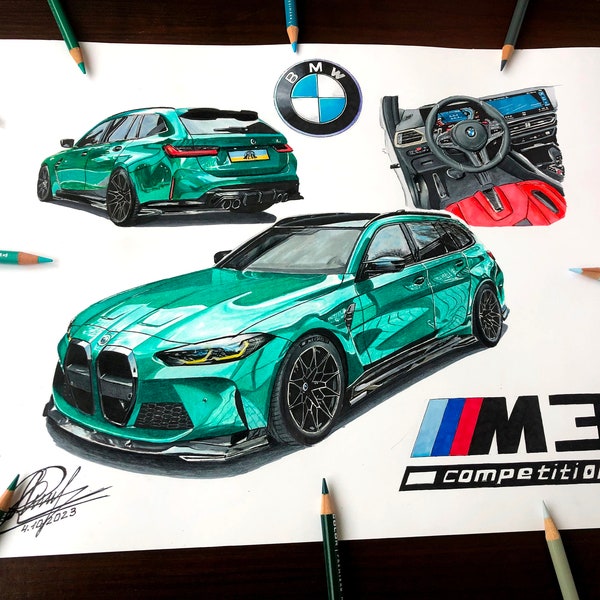 Drawing BMW M3 Touring, Bmw Drawing, M3 Drawing, Realistic drawing, Car drawing, Digital car, Car Art, hand drawing, Car portrait, BMW car