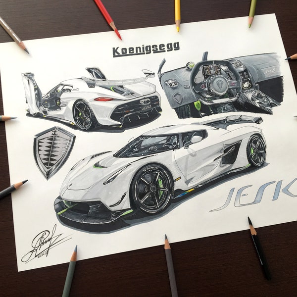 Drawing Koenigsegg Jesko, Car Drawing, Digital Art, Handmade, hyper car drawing, white Jesko, Car art, Gift for car lovers, koenigsegg art