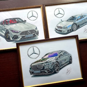 Zeichnung Autos, 3er-Set Mercedes, Mercedes Poster, Car Art, Mercedes SL63, S-Klasse, CLK GTR, Digitale Dateien, Handgemachte Zeichnung, rotes Zeichen
