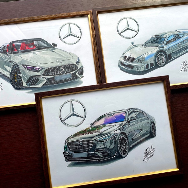 Drawing cars, Set of 3 Mercedes, Mercedes poster, Car Art, Mercedes SL63, S-class, CLK GTR, Digital files, Handmade drawing, Wall Art, AMG