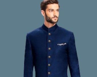 Navy Blue Prince Sherwani Suit With White Trouser For Rich look in Party, Wedding, Engagement, Cultural Event, Reception, Festival (2 Piece)
