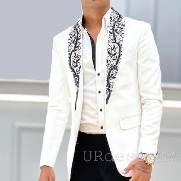White Designer Tuxedo Suit With Sequins and Pearl Handwork on Satin Lapel & Trouser for Prom, Wedding, Party, Reception, Groom, Dance