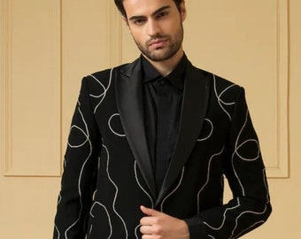 Black Tuxedo Suit with Pearl Line Handwork, Party, New Year, Wedding, Engagement