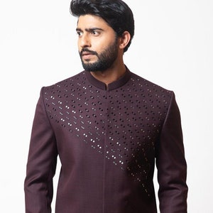Sparkling Beads Handwork Designer Wine Jodhpuri Suit With Trouser For Rich look in Party, Wedding, Engagement, Festival (2 Piece)