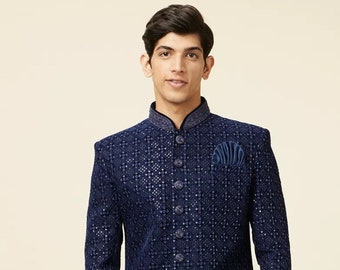 Sparkling Navy Blue Sequins Embroidery Work Velvet Sherwani Suit With Trouser For Reception, Dance, Wedding, Festivals, Tradition (2 Piece)