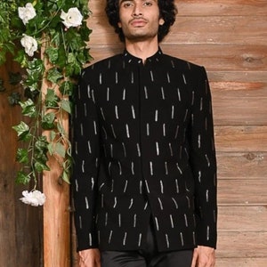 Black Sparkling Jodhpuri Suit With Allover Silver Handcrafted Work For Prom, Wedding, Dance Event, DJ Party, New Year, Gifts, Reception