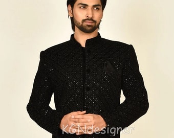 Black Velvet Sequins Embroidery Work Prince Sherwani Suit With Black Trouser For Rich Classic look in Party, Wedding, Festivals (2 Piece)