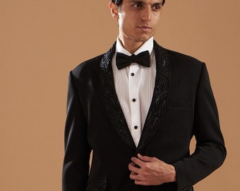 Black Tuxedo Suit With Black Sparkling Beads Handwork on Satin Lapel & Trouser for Prom, Wedding, Party, Reception, Groom, Club, Gift