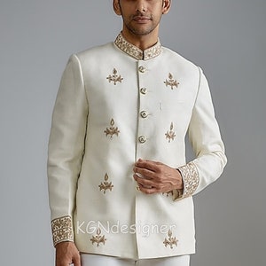 Designer Prince Ivory Jodhpuri Suit with Pearl Handwork for Royal Wedding, Engagement, Reception, Dance Party, Mehndi, Prom (2 Piece)