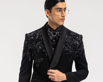 Sparkling Black Sequin Tuxedo Suit, Satin Lapel, Double Breasted & Trouser for Prom, Party, Groom