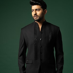 Black Pearl Handwork Pintex Jodhpuri Suit with Black Trouser for Rich look in Wedding, Engagement, Reception, Dance Party, Prom (2 Piece)