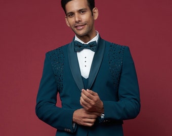 Designer Teal Blue Tuxedo Suit With Sparkling Beads Handwork & Satin Lapel for Prom, Wedding, Party, Reception, Groom, Club, Gift