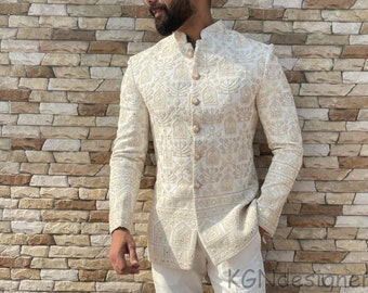 Cream Jodhpuri Suit With Chikankari Embroidery & Paper Mirror Work For Prom, Wedding, Ring Ceremony, DJ Party, Reception, Birthday, Dance