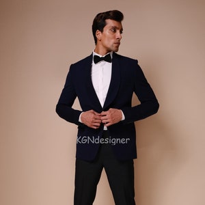 Navy Blue Tuxedo Suit With Black Color Trouser For Rich look in Party, New Year, Wedding, Engagement, Night Club, Prom, Gifts (2 Piece)