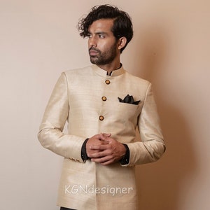 Beige Silk Jodhpuri Suit with Trouser for Rich Classic look in Party, Wedding, Engagement, Reception, Traditional Party, Prom (2 Piece)