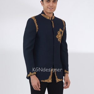 Designer Prince Navy Blue Jodhpuri Suit With Gold Handwork & Black Trouser For Party, Wedding, Prom, Engagement, Dance Party (2 Piece)