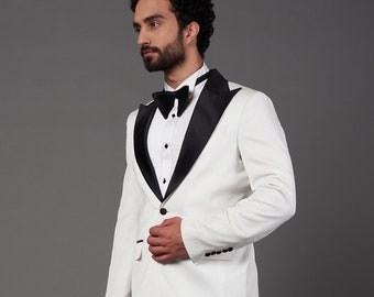 White Tuxedo Suit With Black Satin Lapel and Black Trouser For Groom, Cocktail Party, New Year, Wedding, Engagement, Night Club, Prom, Gifts