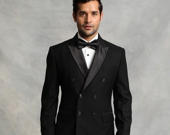 Wedding Special Double Breasted Black Tuxedo Suit With Satin Lapel & Black Trouser for Prom, Wedding, Party, Reception, Groom, Club, Gift