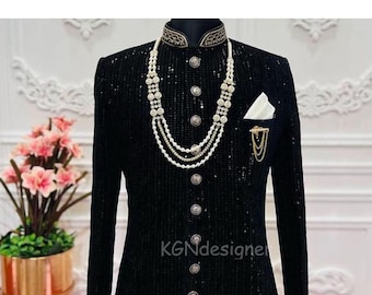 Sparkling Sequins Sherwani Suit, Handcrafted Neck, With Black Trouser, Wedding, Festivals (2 Piece)