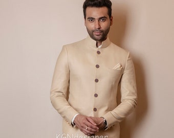 Beige Jodhpuri-kostym, med byxor, fest, bröllop, förlovning, mottagning, festivaler (2 delar)