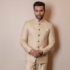 Beige Jodhpuri-pak met broek voor rijke klassieke look op feest, bruiloft, verloving, receptie, traditioneel feest, schoolbal (2-delig)