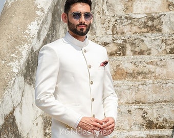 Wedding Special White Jodhpuri Suit With Trouser For Rich look in Wedding, Party, Engagement, Traditional Party, Prom (2 Piece)