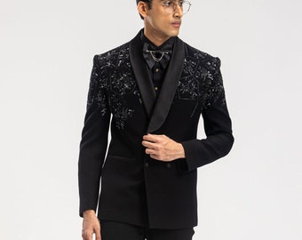 Black Allover Pearl and Sequins Handwork Double Brested Tuxedo Suit With Satin Lapel & Trouser for Prom, Wedding, Party, Reception, Groom