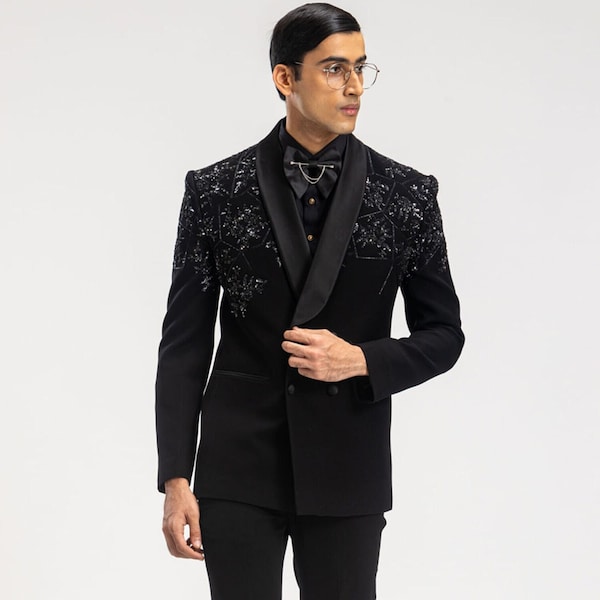 Black Allover Pearl and Sequins Handwork Double Brested Tuxedo Suit With Satin Lapel & Trouser for Prom, Wedding, Party, Reception, Groom