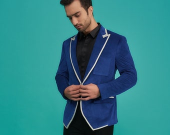 Hochzeits spezieller royalblauer Samt-Blazer mit weißer Borte & schwarzer Hose für Abschlussball, Hochzeit, Party, Empfang, Bräutigam, Club, Geschenk