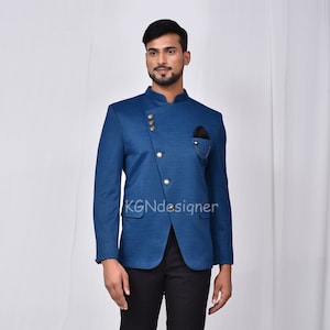 Cross Cut Royal Blue and Black Jodhpuri Suit With Trouser For Rich look in Party, Wedding, Engagement, Traditional Party, Prom (2 Piece)