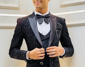 Black Sparkling Tuxedo Suit With Black Micro Sequins Thread Work With Satin Lapel for Prom, Wedding, Party, Reception, Groom, Club, Gift