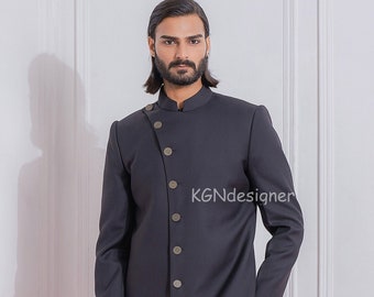 Dark Navy Blue Prince Sherwani Suit With Trouser For Classic look in Party, Wedding, Engagement, Traditional Party, Festival (2 Piece)