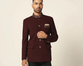 Wine Jodhpuri Suit With Black Trouser For Rich Amazing look in Party, Wedding, Engagement, Traditional Party, Prom (2 Piece)