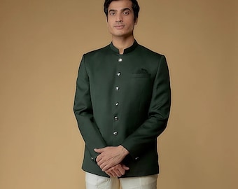 Mehndi Special Green Jodhpuri Suit With Off-White Trouser For Rich look in Wedding, Party, Engagement, Traditional Party, Prom (2 Piece)