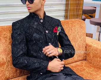 Costume jodhpuri noir scintillant avec broderies de paillettes noires pour bal de promo, mariage, soirée dansante, soirée DJ, Nouvel An, cadeaux, réception