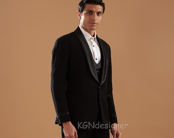 Black Tuxedo Suit With Black Sparkling Beads Handwork on Satin Lapel & Trouser for Prom, Wedding, Party, Reception, Groom, Club, Gift