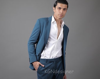 Blue Blazer Suit With Trouser For Rich look in Meetings, Party, New Year, Wedding, Engagement, Night Club, Prom, Gifts (2 Piece)