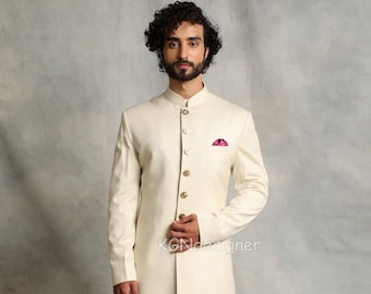 Prince Beige Sherwani Suit With White Churidar For Classic look in Party, Wedding, Engagement, Traditional Party, Festival (2 Piece)